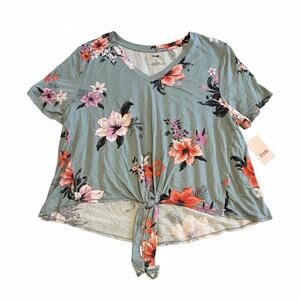 EVRI Women's Floral Print Short Sleeve Tie-Front Top 1X